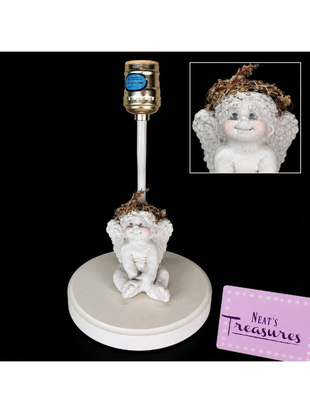 1991 Cast Art BABY CHERUB ANGEL White Pink Hand Crafted Figurine 10" Table Lamp